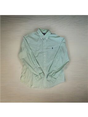 Ralph Lauren Golf Shirt Mens XL Custom Fit Green White Striped Button Down Pony